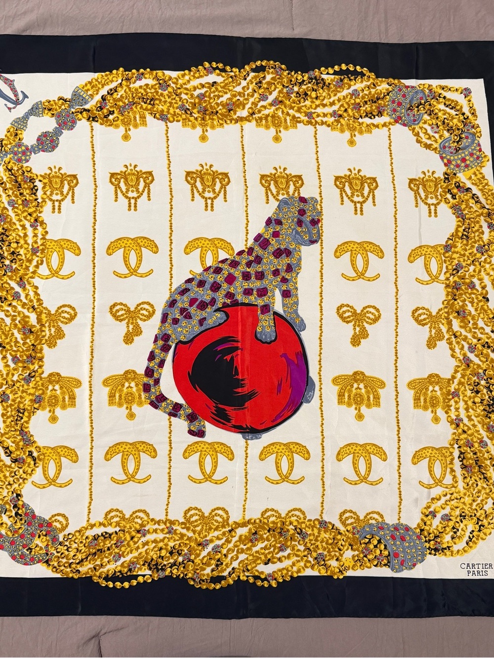 Cartier Cream Silk Scarf with Gold Chain Motif and Red Center Medallion